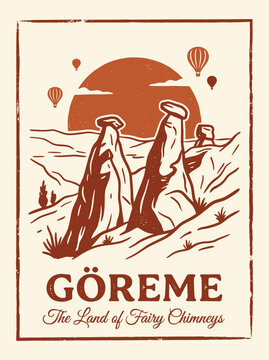 Goreme Cappadocia vintage travel poster with fairy chimneys and hot air balloons