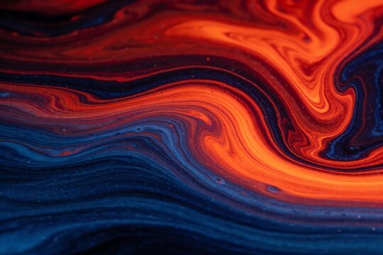 Abstract fluid marbling swirls from cold navy into alarming crimson orange representing the concept of rising ocean heat