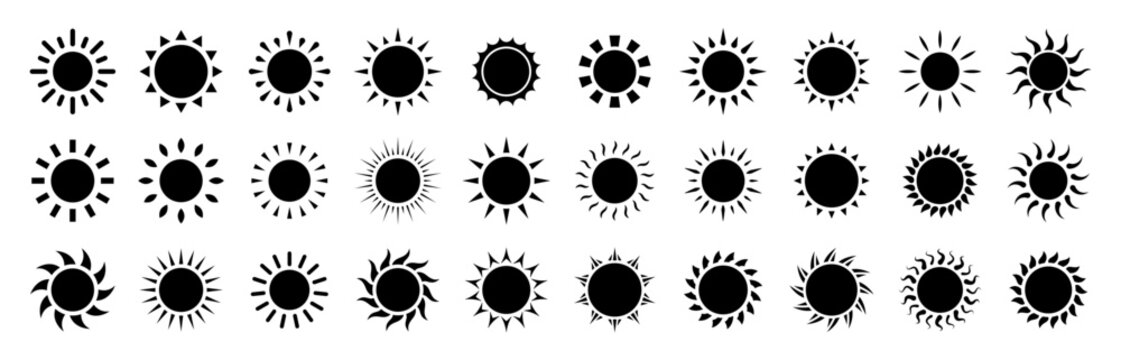 Sun icon set, Black sun silhouette collection with different ray shapes, Summer weather and sunlight symbols, Vector illustration.