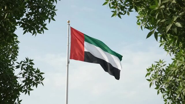United Arab Emirates national flag waving on a flagpole framed by green tree leaves against a clear sky