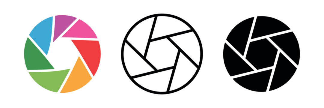 Camera aperture icon set featuring shutter diaphragm symbols in colorful, line, and filled styles for photography interface designs.
