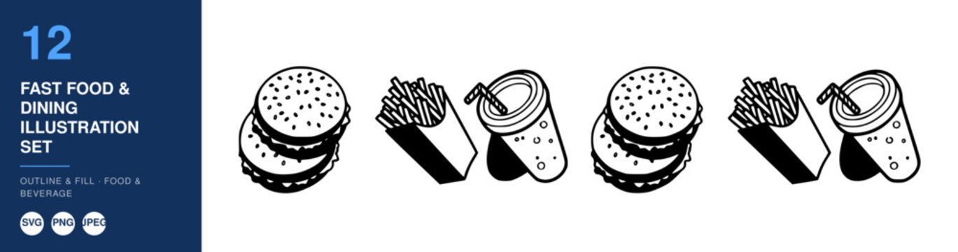 Fast Food & Dining Illustration Set, Featuring Burgers, Fries, and Beverages Featuring Burger, Beverage