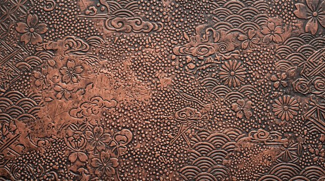 Embossed Japanese Pattern on Antique Copper Metal Surface