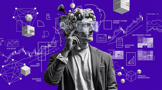 Futuristic Businessman with Tech Headset Analyzing Financial Data