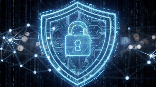 Cyber security shield with padlock glowing on digital circuit network for data protection