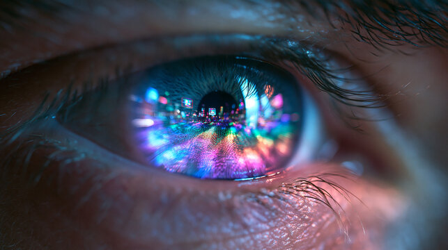 Close-Up of Human Eye Reflecting Neon City Lights