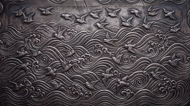 Embossed Metal Relief with Birds Flying Over Waves Pattern