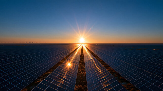 Solar Panels Farm at Sunrise with Bright Sunburst