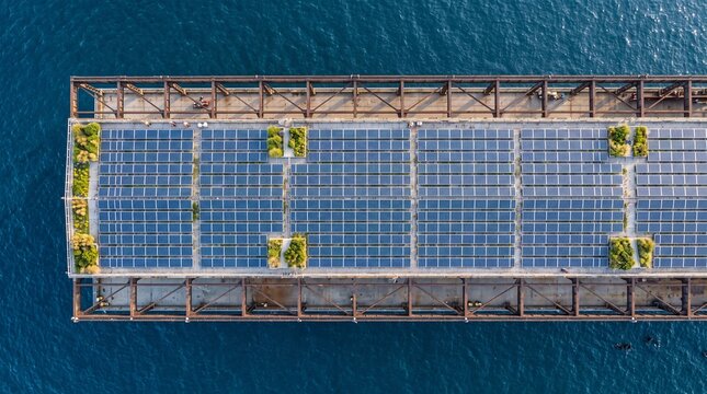 Aerial View of Floating Solar Farm on Ocean Water