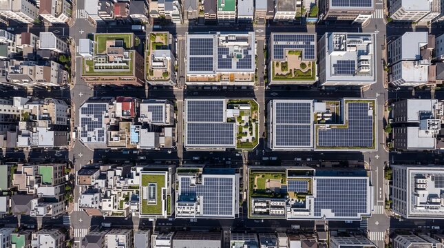 Aerial View of Urban Rooftops with Solar Panels and Gardens