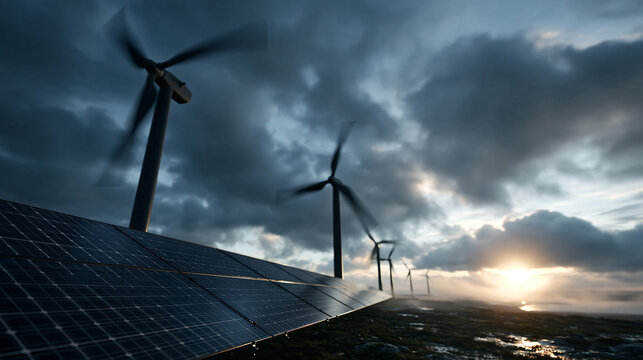 Wind Turbines and Solar Panels at Dramatic Sunrise
