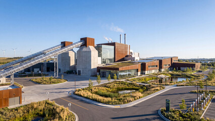 Fototapeta premium Modern biomass power plant with conveyor, silos and green roof buildings near wind turbines. Renewable bioenergy facility with sustainable architecture and clean electricity generation for future