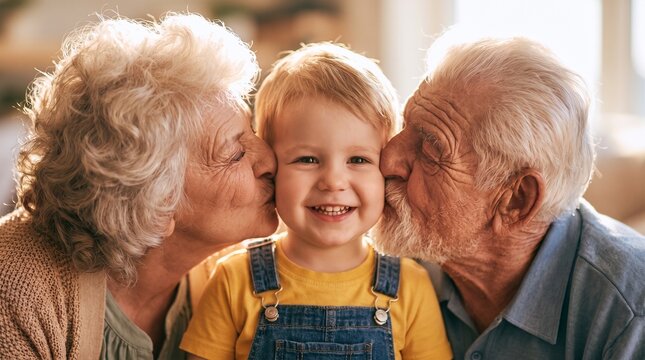 Liebevolle Gro&szlig;eltern k&uuml;ssen ihren kleinen Enkel auf die Wangen. Gl&uuml;cklicher Junge l&auml;chelt in die Kamera bei warmem Sonnenlicht. Nahaufnahme einer Familie