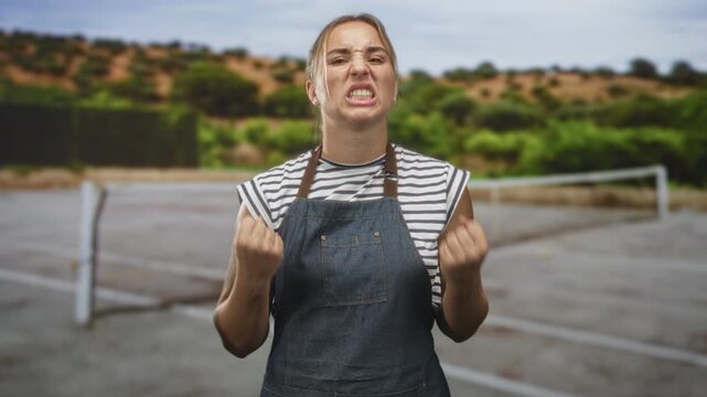 Woman wearing denim apron and striped shirt with clenched fist and snarling grimace, gesturing with her hand outside near a fenced court and low trees on a street; frustration defiance.
