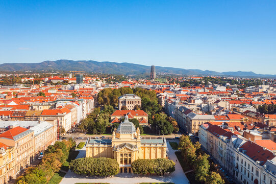 Aerial Panorama of Zagreb with Art Pavilion and Historic City Center, Croatia