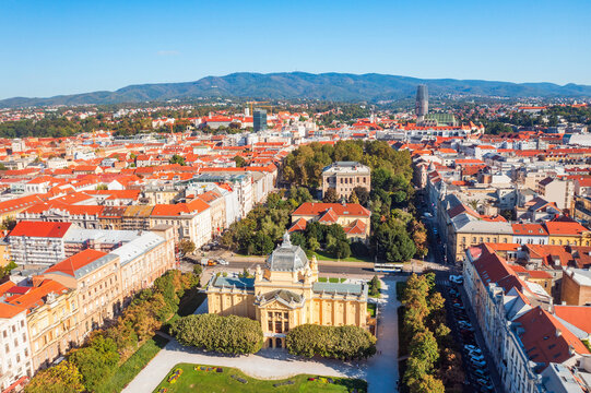 Aerial Panorama of Zagreb with Art Pavilion and Historic City Center, Croatia