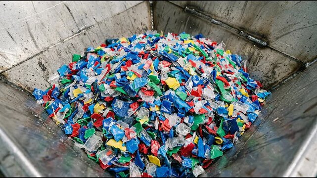 Colorful mixed shredded plastic pieces filling a large scratched steel hopper container under bright lighting