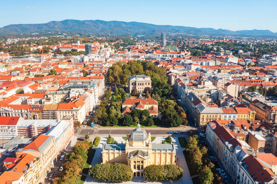 Aerial Panorama of Zagreb with Art Pavilion and Historic City Center, Croatia