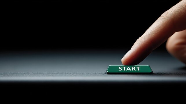 A finger presses a glowing green START button on a sleek control panel. The ultra-realistic close-up symbolizes activation, initiation, and new beginnings.