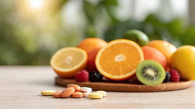 Colorful vitamin supplements sit beside fresh orange, lemon, kiwi, and berry slices in bright daylight. A vivid scene promoting healthy nutrition and balanced wellness.