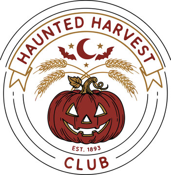 Haunted Harvest Club vintage Halloween pumpkin emblem with banner and wheat