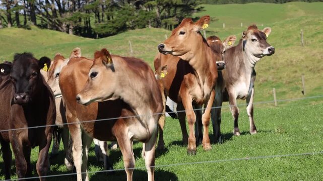 Herd of Jersey Cows Standing in Green Pasture in New Zealand