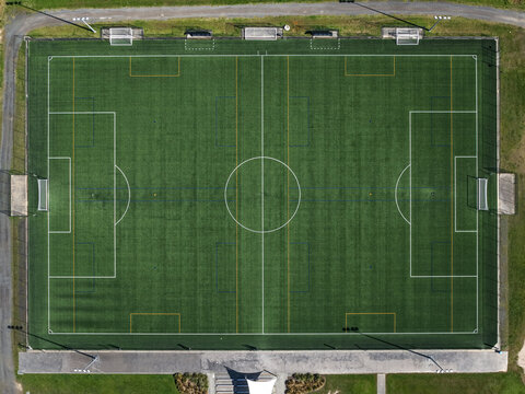 Aerial view of Knox Regional Football Centre featuring a green artificial turf soccer pitch with white markings, goal posts, and surrounding grass areas in Wantirna South, Victoria, Australia.