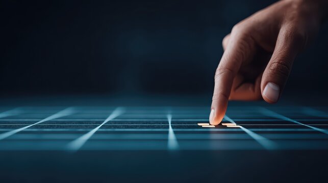 A human hand places a glowing puzzle piece into a digital grid. Futuristic blue lighting symbolizes problem solving and the final solution in a high-tech concept.