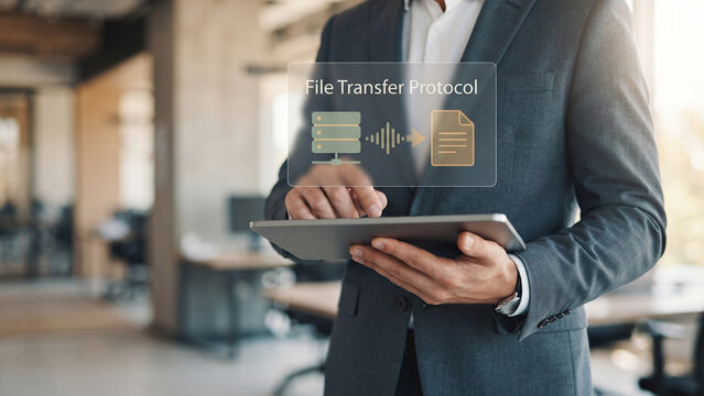 Businessman holding tablet with file transfer protocol text and icons interface, secure transfer, file sharing, server document exchange