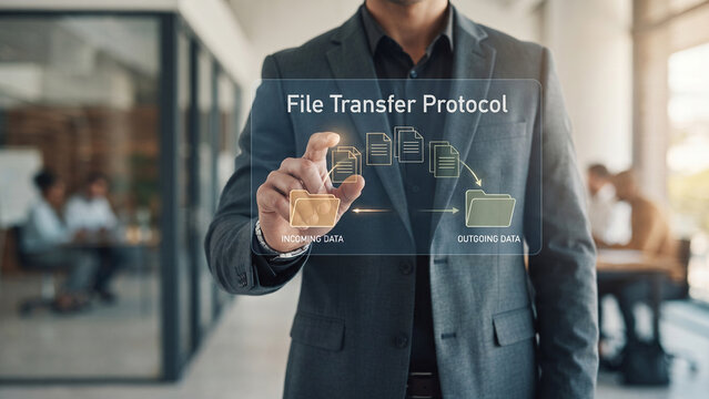 Corporate businessman using virtual file transfer protocol text and icons with panel , secure transfer, file sharing, folder to folder document flow