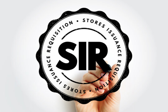 SIR Stores Issuance Requisition stamp illustration with a hand holding a marker drawing the circular emblem, reflecting inventory process and supply documentation