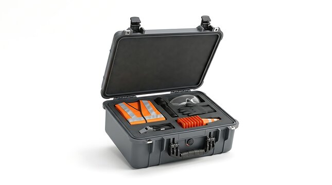 Open protective hard case with professional equipment and tools inside on white background