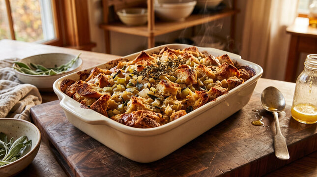 Stuffing in a baking dish on rustic kitchen table, homemade holiday side for Thanksgiving dinner 