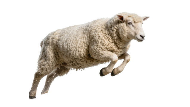 Fluffy white sheep mid-jump, isolated on transparent background