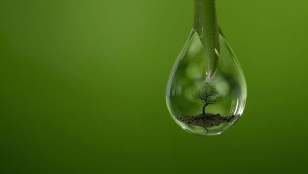 Clear Droplet with Tiny Tree Inside Over Green Background