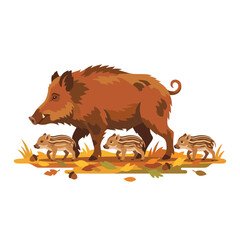 Obraz premium Vector illustration of a wild boar sow walking with three striped piglets on autumn leaves and acorns, side view profile of a wild pig family in the forest on white background.