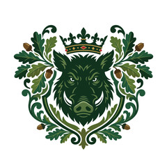 Fototapeta premium Symmetrical heraldic wild boar crest illustration featuring a dark green boar head with white tusks, wearing a regal crown, surrounded by oak leaves, acorns, and ornate scrollwork designs.