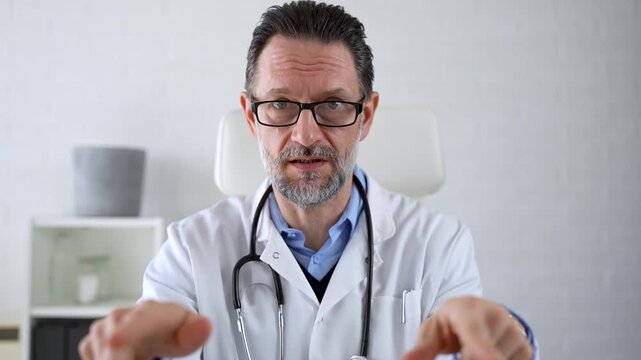 Male physician speaking to patient on video call and explaining medical information during remote appointment. Serious professional telehealth consultation