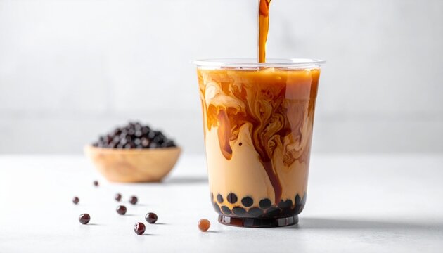 Delicious bubble tea with tapioca pearls in a clear cup.