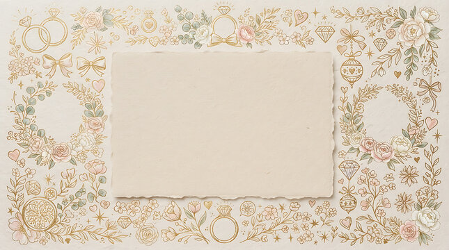 A vintage style paper card with torn edges surrounded by a detailed hand drawn border of wedding rings, roses, leaves, bows, diamonds, and decorative ornaments on a light cream textured background
