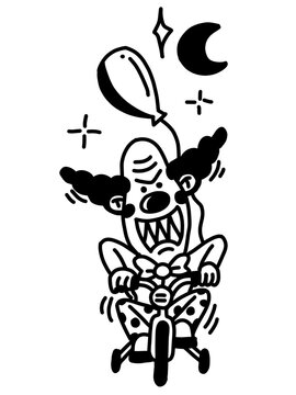 Dark gothic creepy clown riding a tricycle illustration
