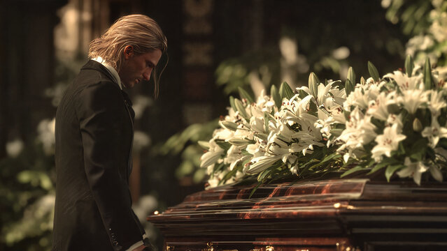 man crying over a coffin, funeral home websites, grief support organizations, memorial service brochures, bereavement counseling articles, editorial publications about loss, hospice care resources