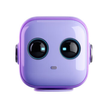 Futuristic cute robot head, glossy purple 3D android face with camera eyes, friendly AI assistant mascot icon isolated PNG with Transparent Background