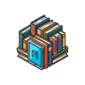 Isometric Hardcover Study Books Stack with Digital Ebook Tablet Reader