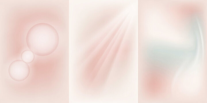 Triptych of soft abstract backgrounds featuring pink bubbles, light rays, and fluid textures