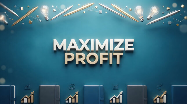 3D render of the words maximize profit in white and gold letters on a teal background, with pens, light bulbs, and bar charts, representing business growth, financial success, and strategy