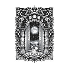 Fototapeta premium Celestial portal tattoo with moon phases, runes, stars, open mystical doors, mountains, and a winding river, creating an ornate blackwork design inspired by mystery, journey, and cosmic symbolism