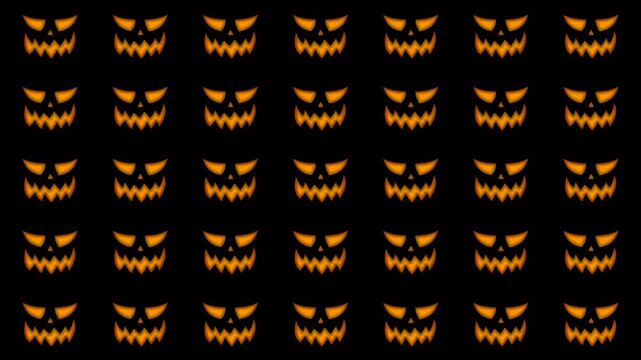 Scary glowing pumpkin faces pattern background grid loop for Halloween horror theme video.