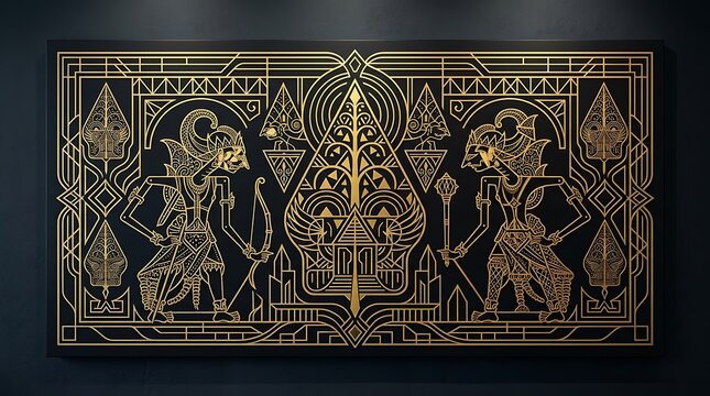 A gold geometric art deco wayang kulit puppet decorative wall panel