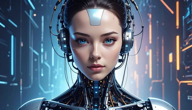Futuristic woman with cybernetic headset and glowing interface.